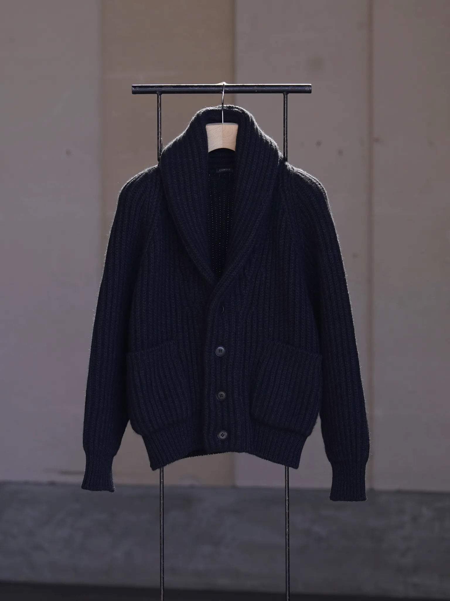 COMOLI カシミヤ和紙 ショールカラーニットジャケット BLACK