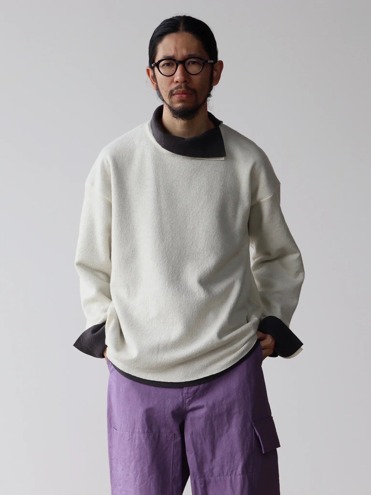 amachi. | Double Layer Wool Top Offf White x Flint Gray