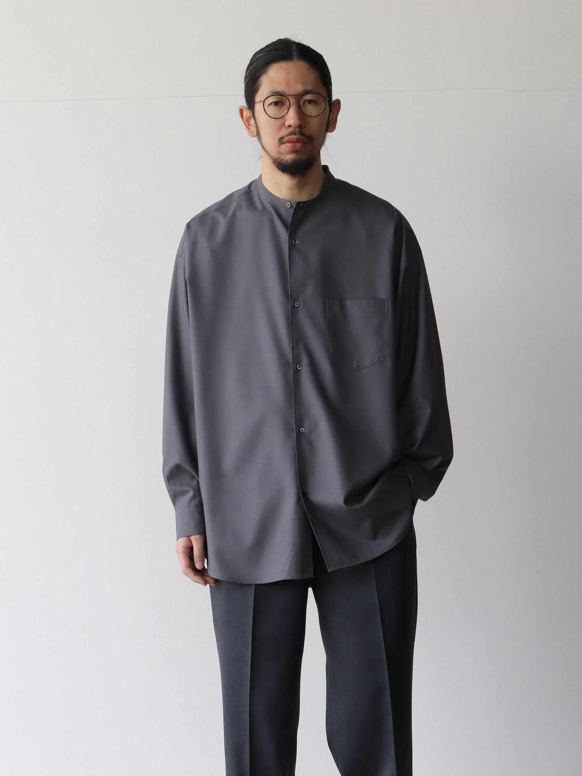 Graphpaper Fine Wool Tropical Oversized Band Collar Shirt GRAY ...
