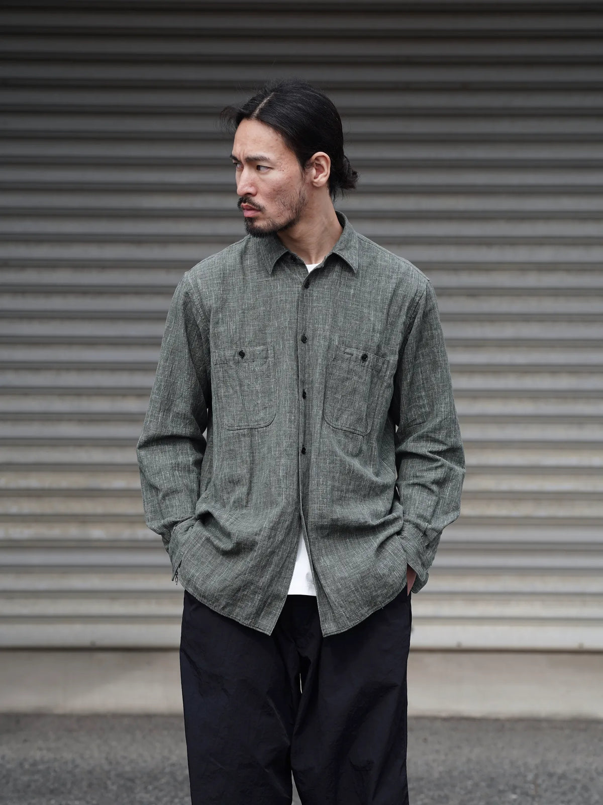 THE NULABEL | HANK DYED WORK SHIRT OLIVE/GREY