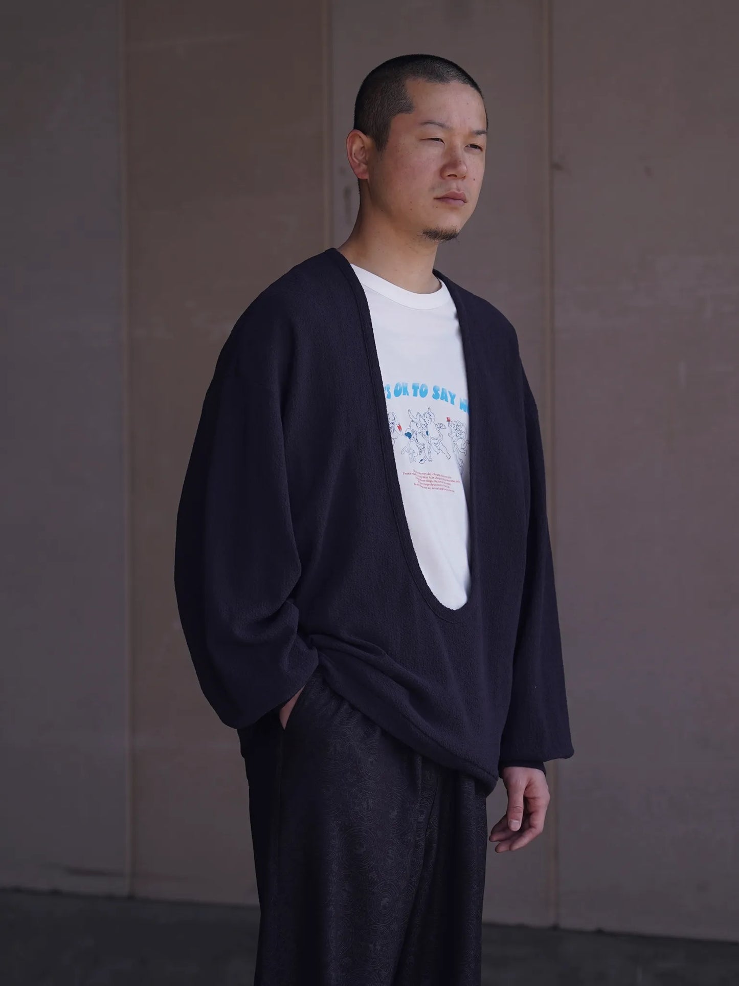 nonnotte | Drape U Pullover with Cuff Sleeve Inkshade