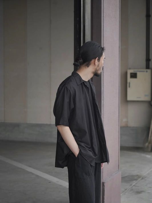 COMOLI | ウールシルク 半袖オープンカラーシャツ BROWN
