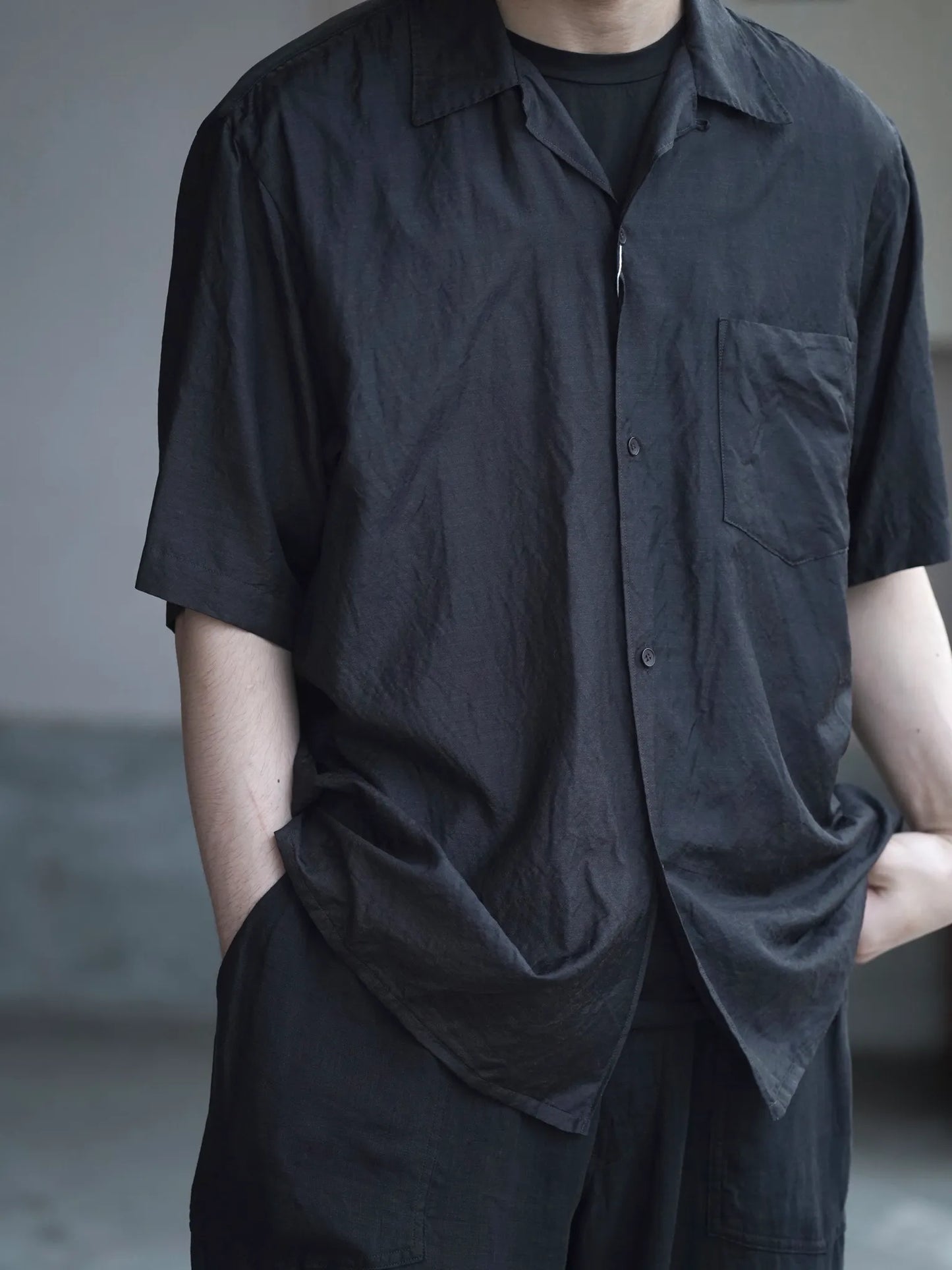 COMOLI | ウールシルク 半袖オープンカラーシャツ CHARCOAL