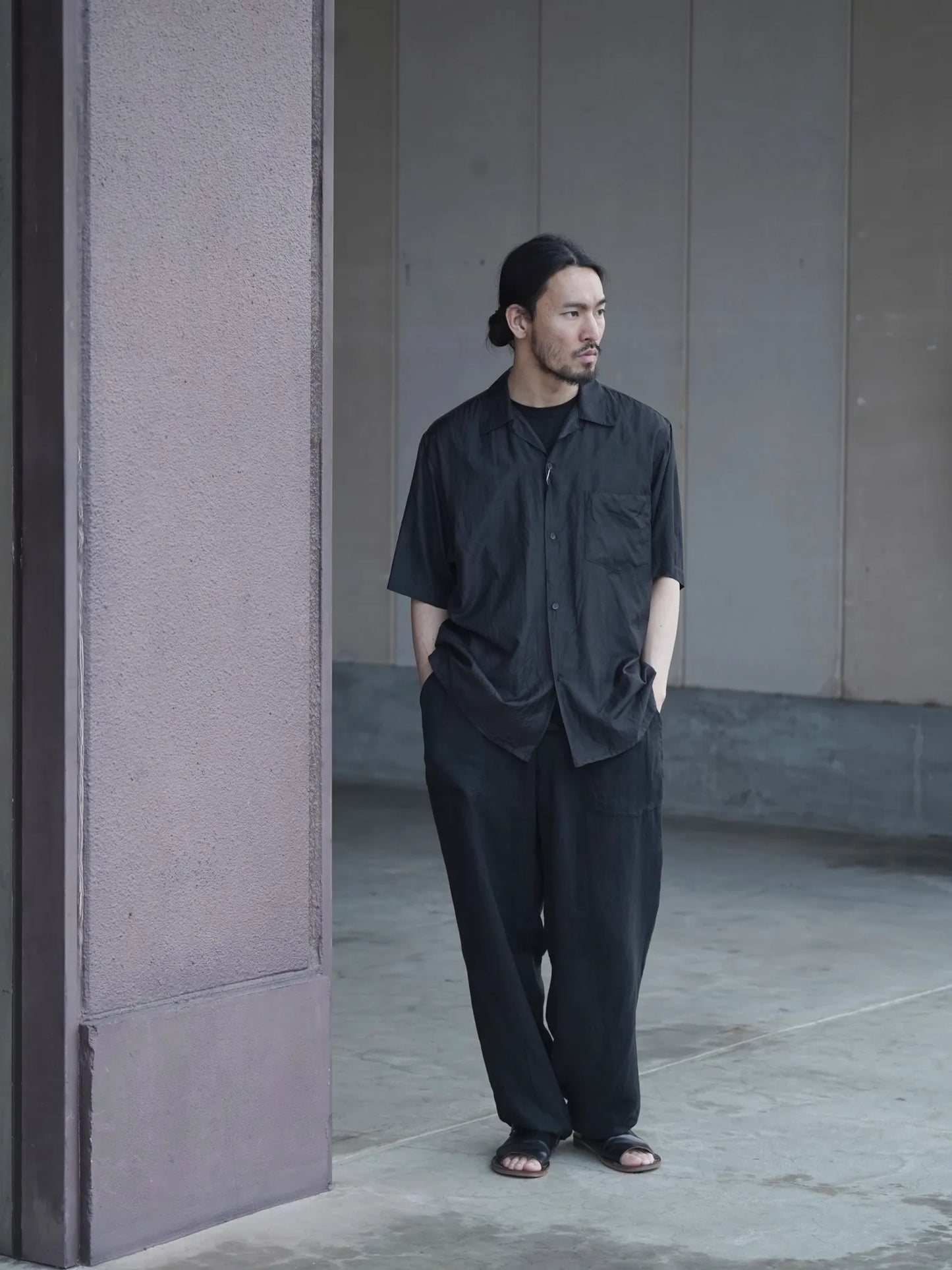 COMOLI | ウールシルク 半袖オープンカラーシャツ CHARCOAL