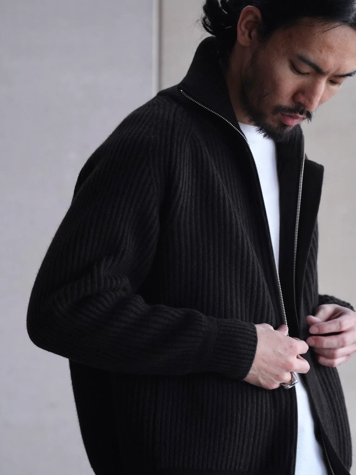 SARTO | WOOL FULL CARDIGAN STITCH HIGH NECK ZIP JACKET DARK BROWN