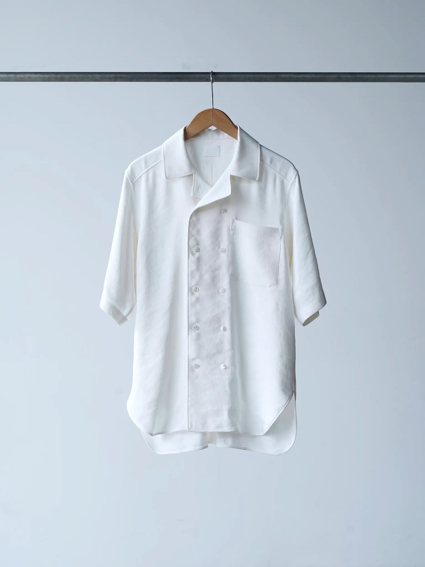 山内 | 빈티지 실크 린넨 더블 오픈 칼라 반팔 셔츠 off white