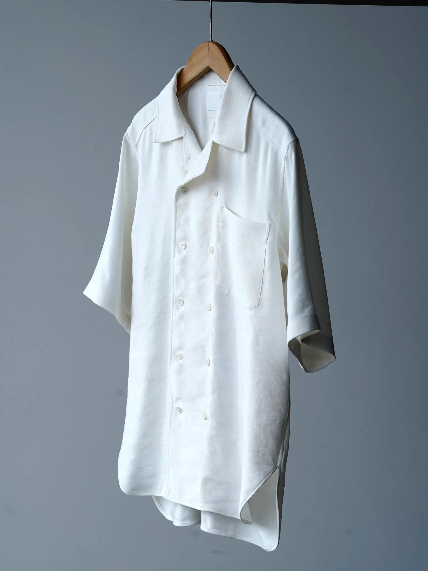 山内 | 빈티지 실크 린넨 더블 오픈 칼라 반팔 셔츠 off white