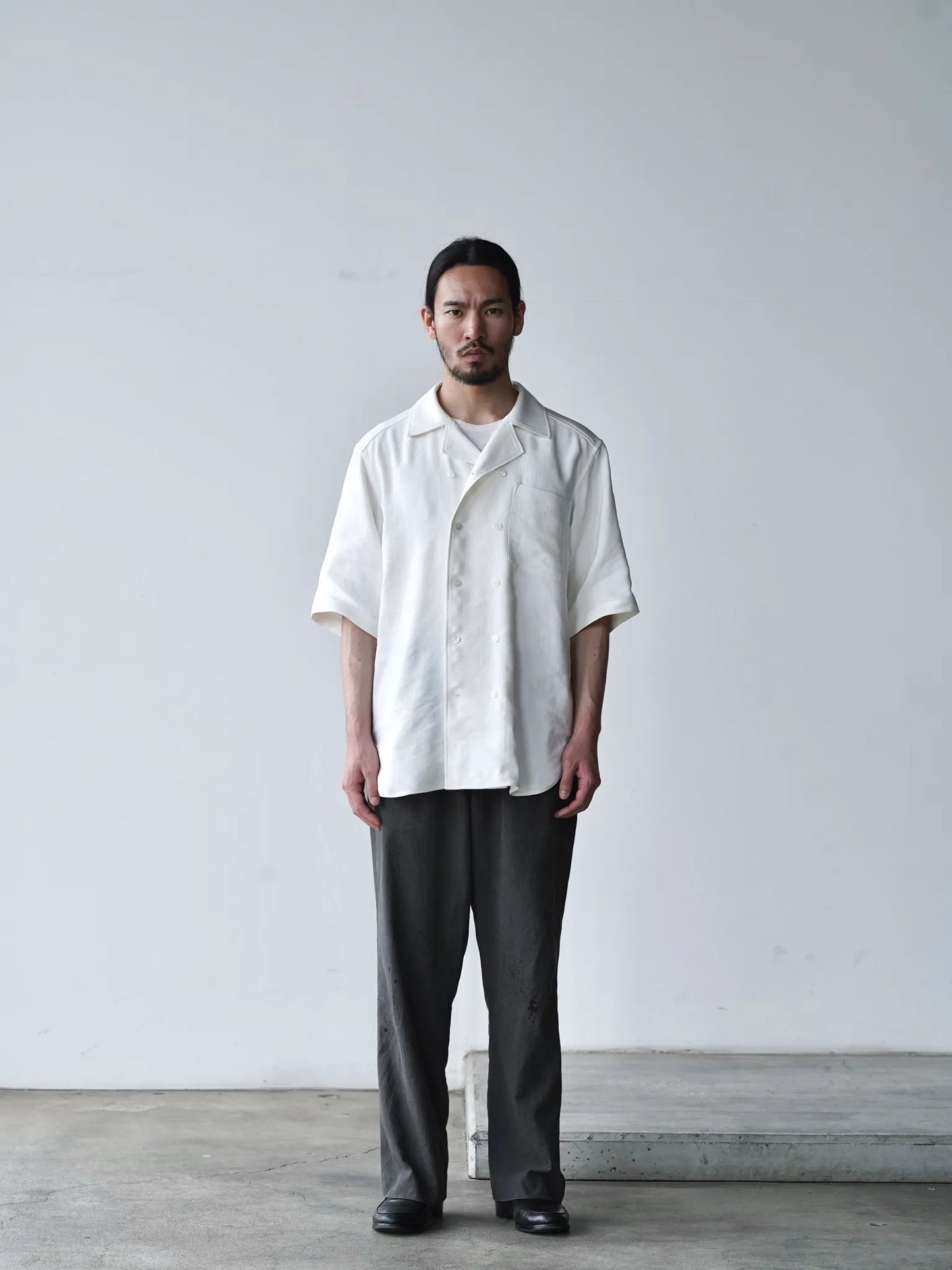 山内 | 빈티지 실크 린넨 더블 오픈 칼라 반팔 셔츠 off white